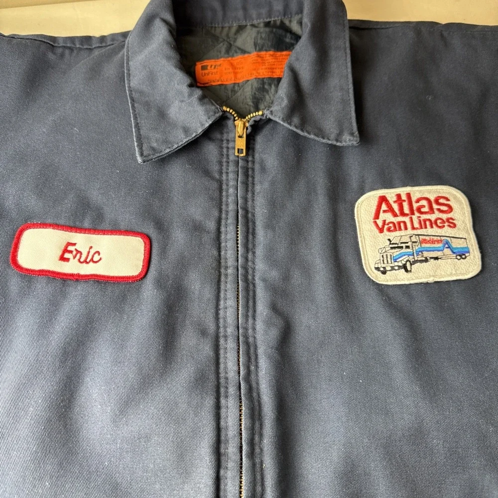 Vintage 1980s Men's Blue Gas Station Work Jacket Zip Up Atlas Van Lines Sz L
